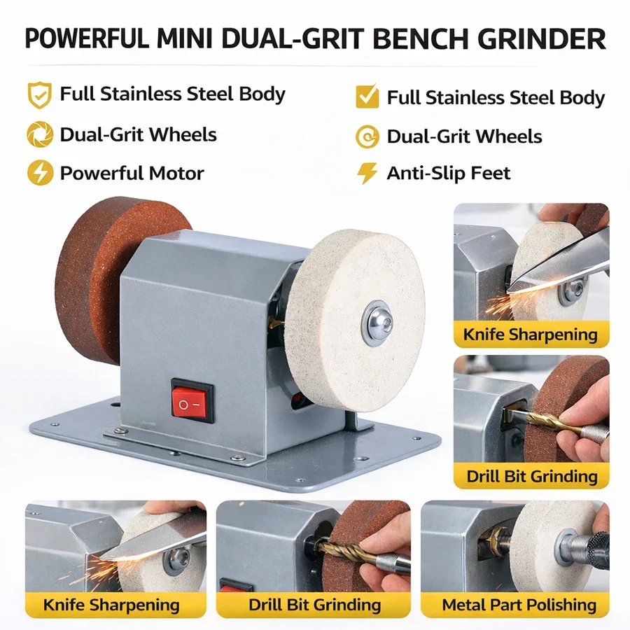 Power Tools Equipment - Mini Electric Bench Grinder Sharpener, Stainless